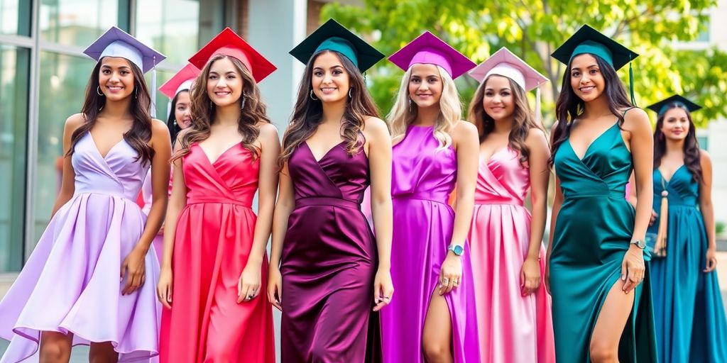 Women in stylish graduation dresses in trending colors.