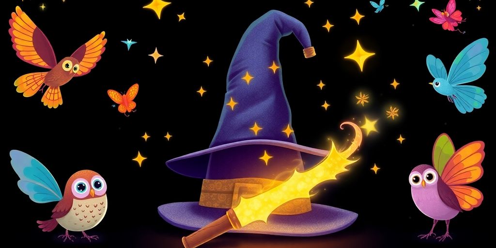 Magical wizarding world with wands and enchanted creatures.