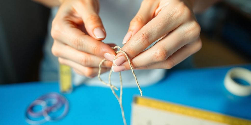 Woman measuring ring size with string.