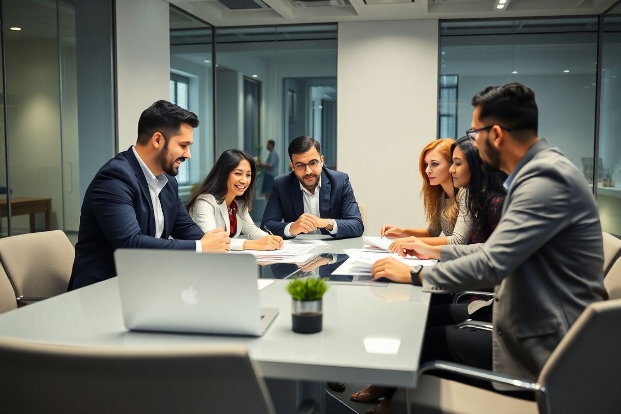 Professionnels en réunion, stratégie d'entreprise, collaboration dynamique.