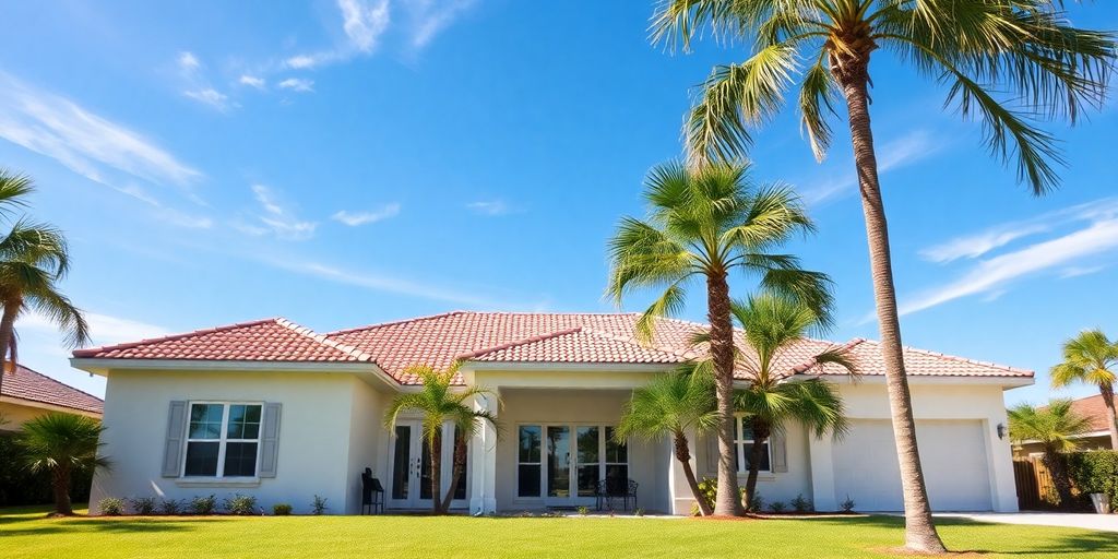Coastal Pensacola home with palm trees and blue sky.