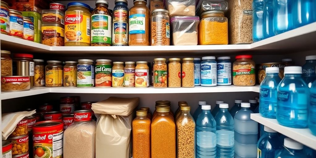 Organized pantry with canned goods and water bottles.