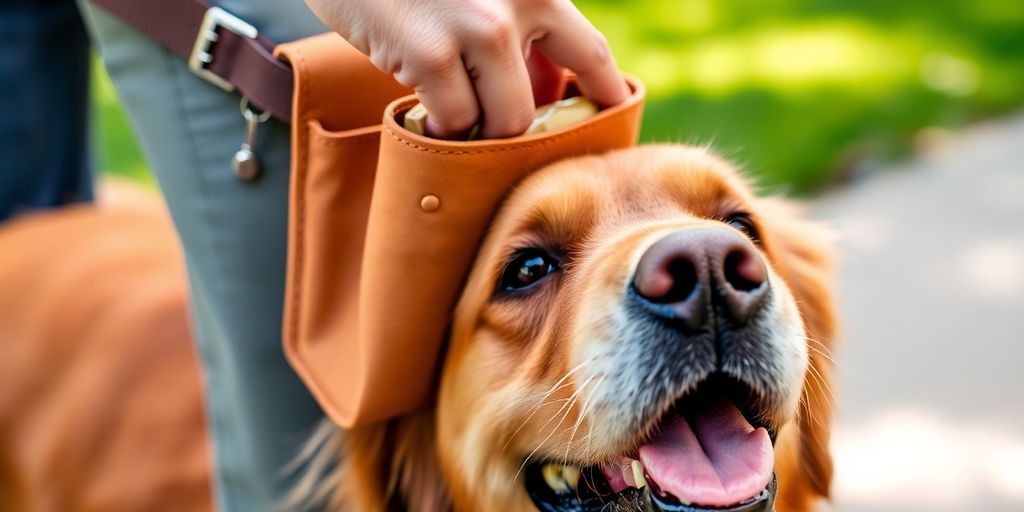 Dog walker with treat pouch, happy dog