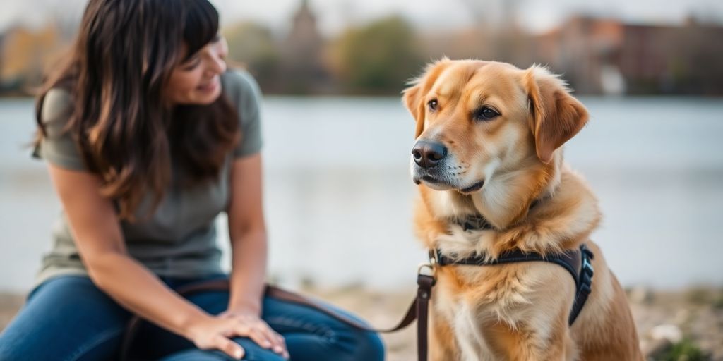 Service dog sitting with a person outdoors, showing support.