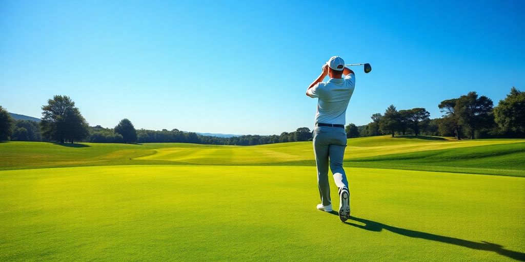 Golfer swinging on a sunny golf course.