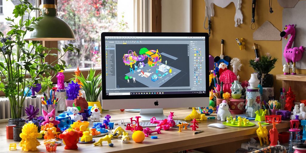 A cozy workspace with 3D design tools and models.