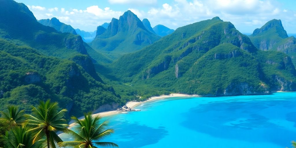 Lush green mountains meeting a turquoise ocean bay.