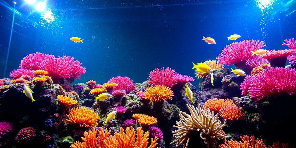 Makukulay na aquarium ng reef na may maliwanag na ilaw at isda.