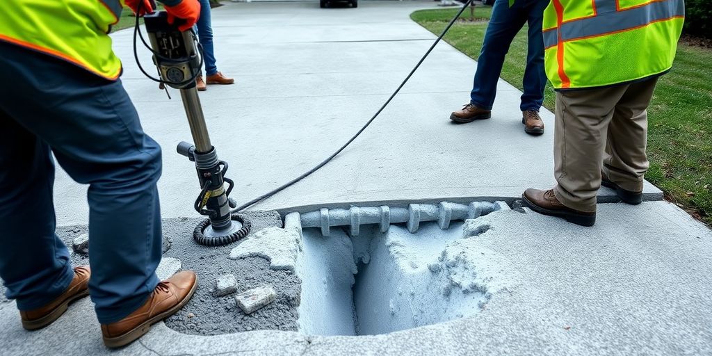 Workers applying foam lifting concrete to a driveway.