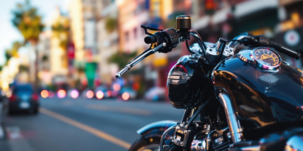 Close-up of a motorcycle on a city street.