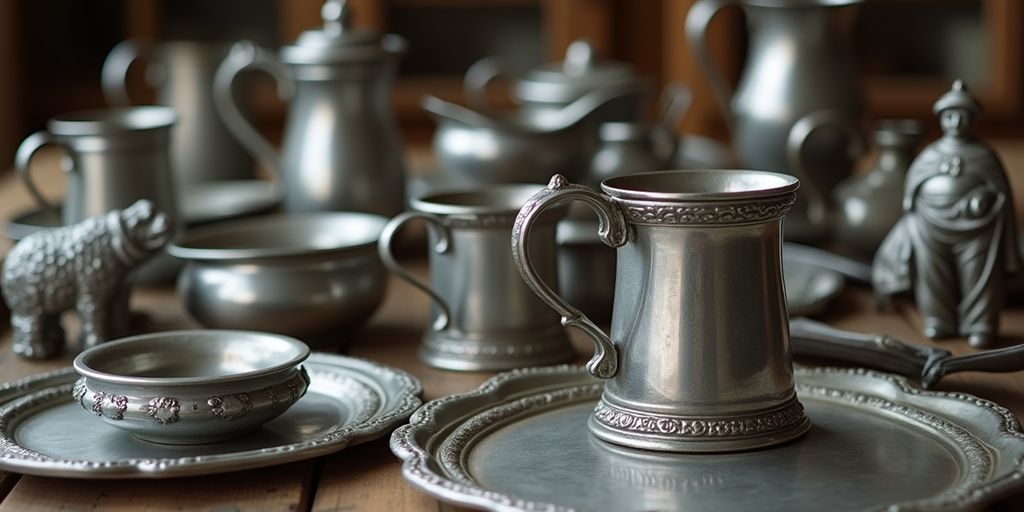 Assorted pewter items on a wooden table.