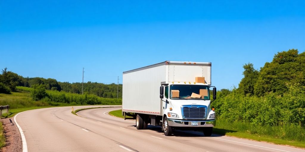 Moving truck on a winding road with trees.