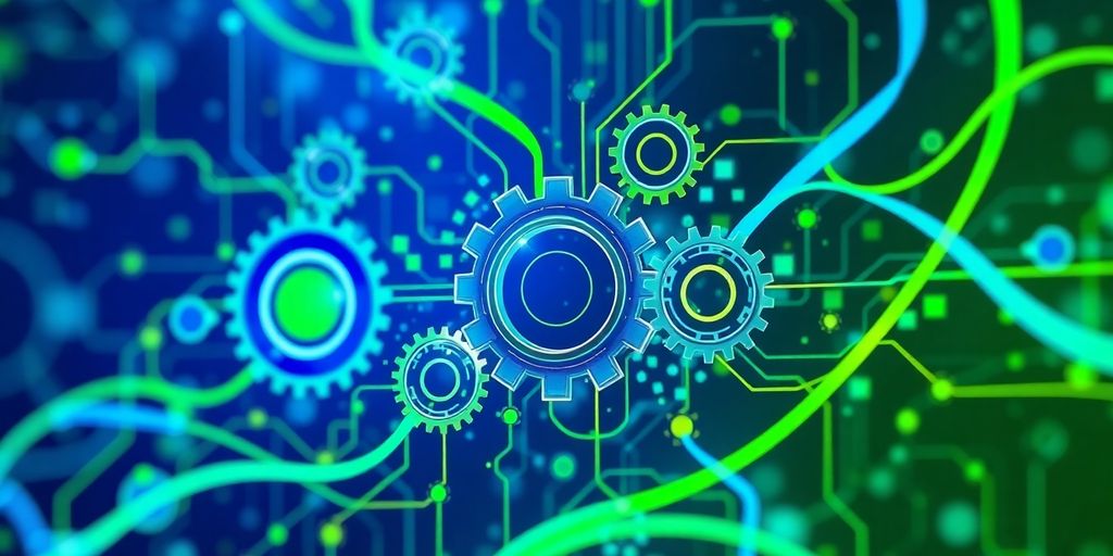 Abstract automation flow with connected digital elements.