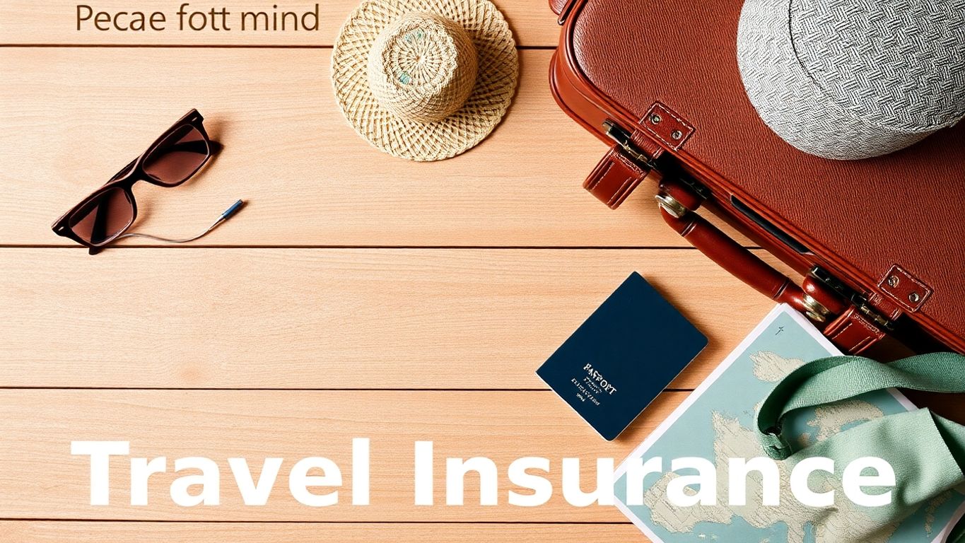 Imagem de mala, passaporte e itens de viagem.