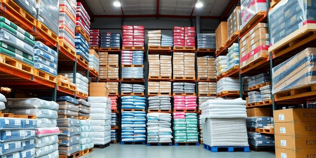 Organized storage room with stacked products for inventory management.