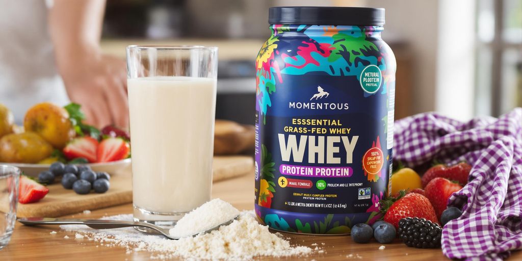 Momentous Essential Grass-Fed Whey protein powder and shake.