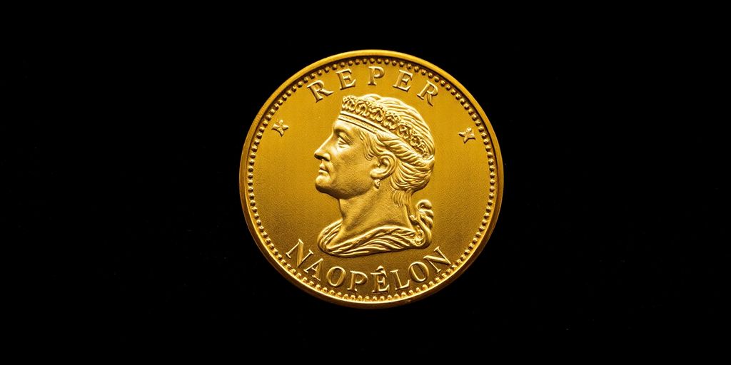 Pièce Napoléon dorée sur fond de velours sombre.