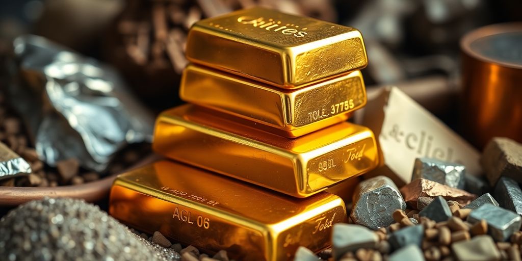 Des barres d'or et matières premières en arrière-plan.