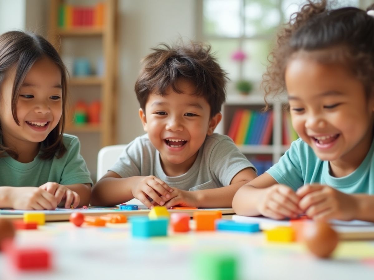 Copii jucându-se cu materiale educaționale colorate.