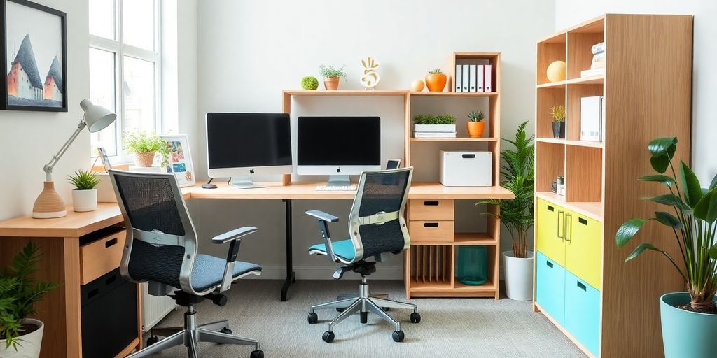 Compact office with stylish desk and creative storage solutions.