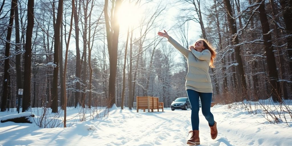 Person enjoying a bright winter walk outdoors.
