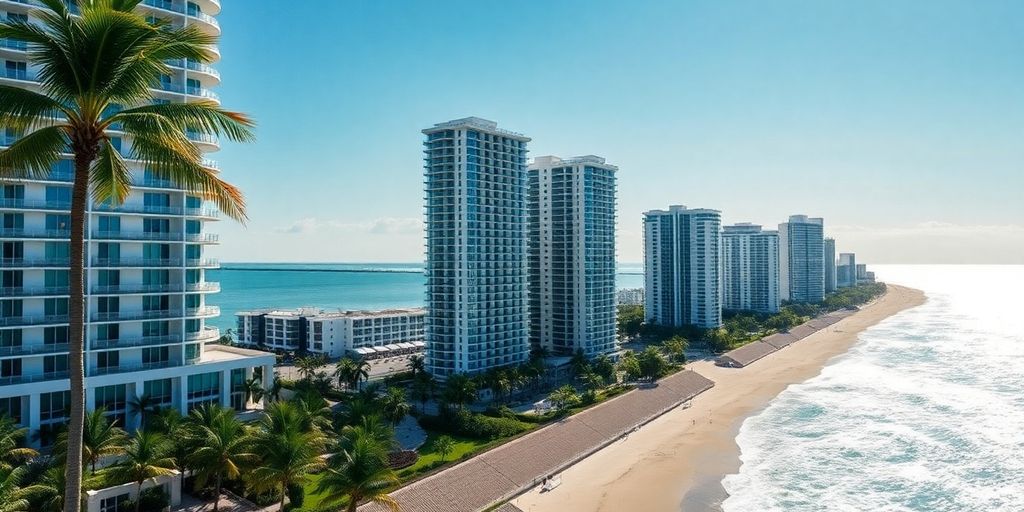 Sunny Isles beachfront with luxury condos and palm trees.