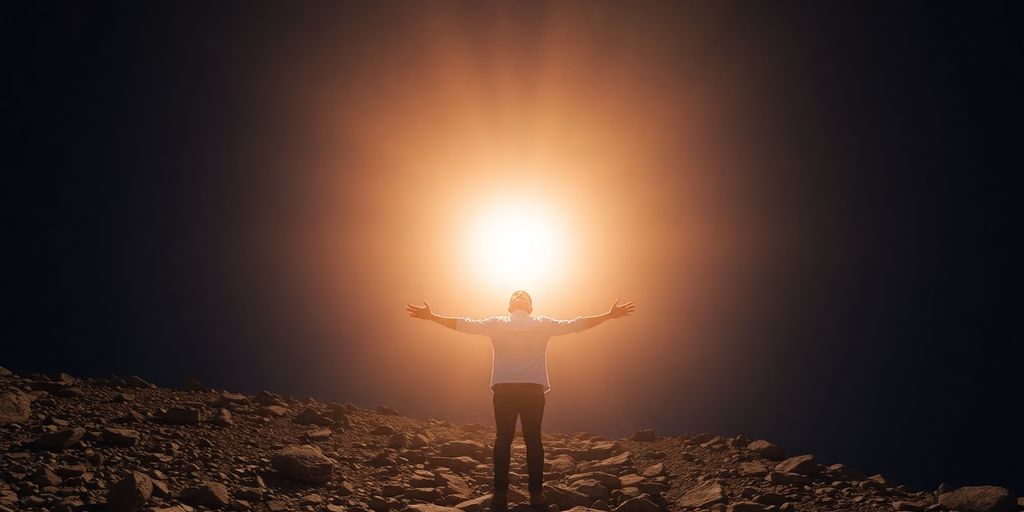 Person reaching for a bright light above.