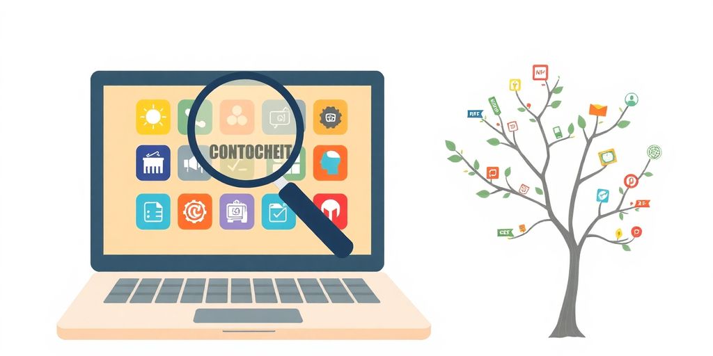 Laptop, magnifying glass, and a skill tree.