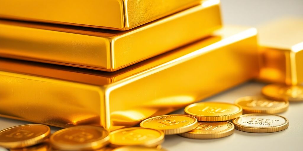 Lingots d'or empilés, pièces d'or brillantes