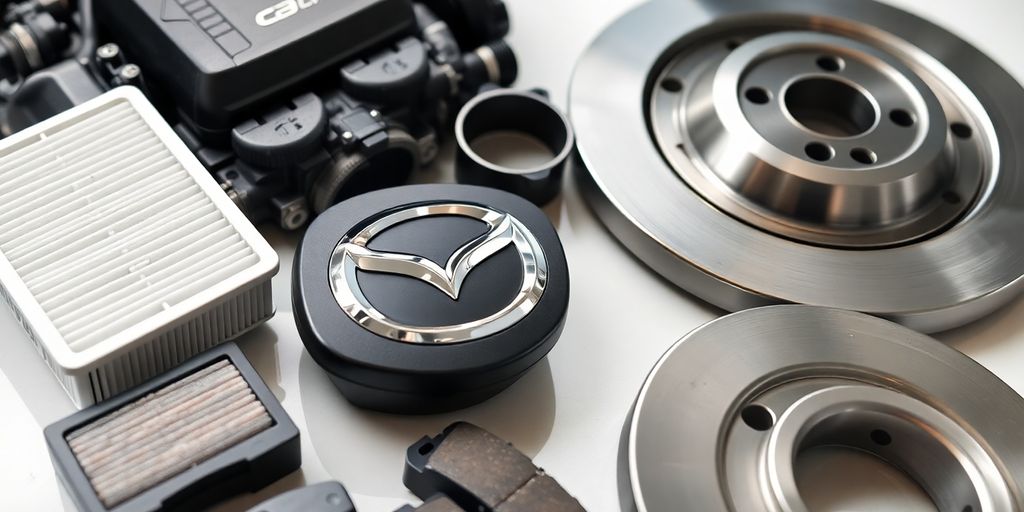 Mazda car parts laid out neatly.