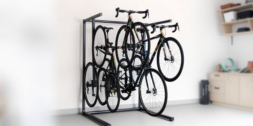 Omni Bike Storage Rack with bikes in a garage.