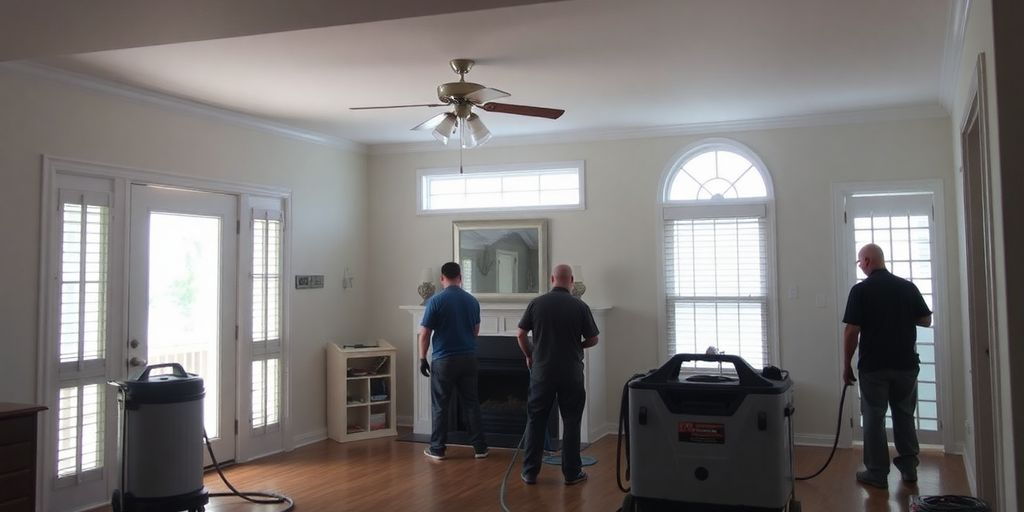 Professionals cleaning a water-damaged home interior.
