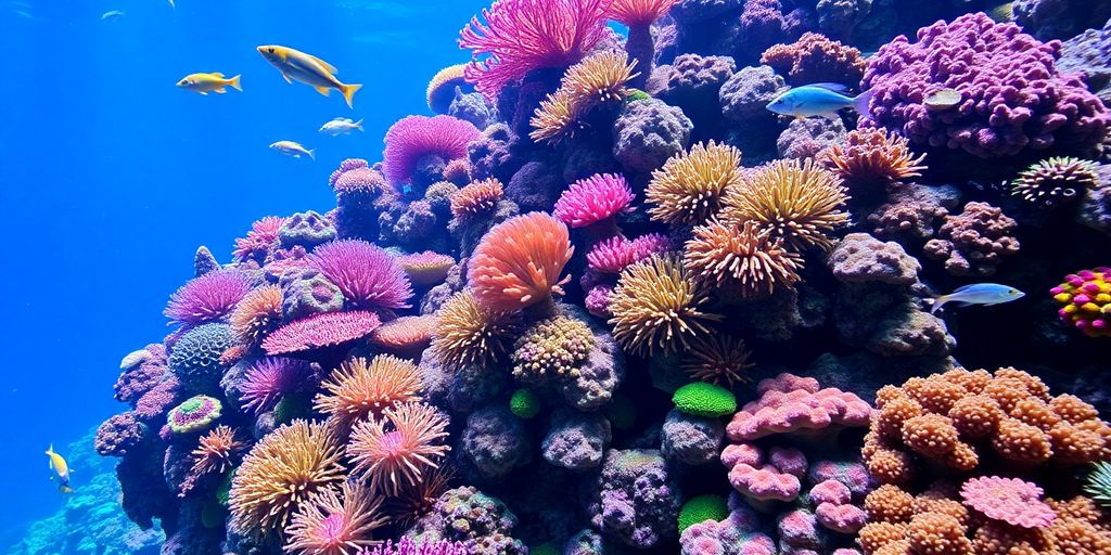 色彩斑斓的珊瑚礁与水族箱中多样的海洋生物。