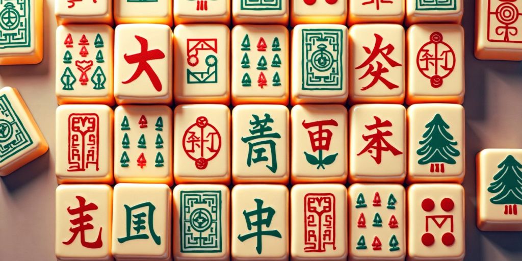 Mahjong tiles arranged in a colorful grid.