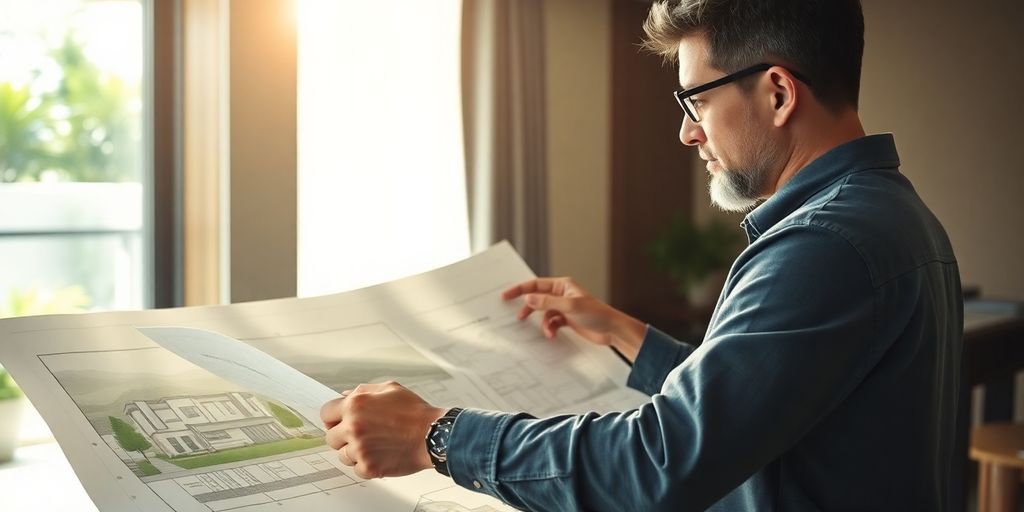 Foreigner viewing Thai house blueprints.