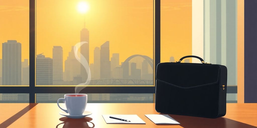 Sunrise, coffee, and a briefcase.