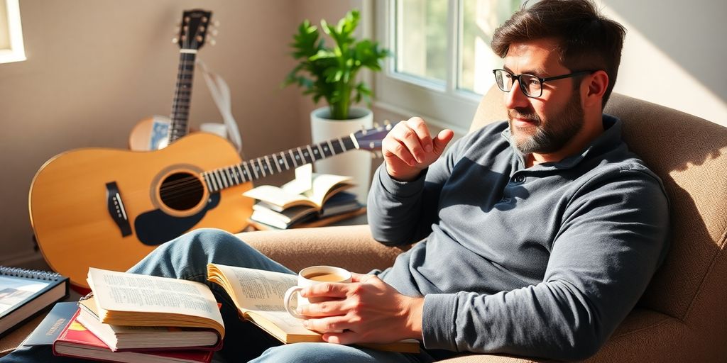 Man relaxing with hobbies in a cozy setting.