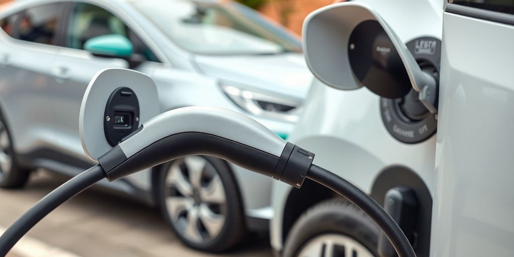 Electric vehicle charging station with a car nearby.