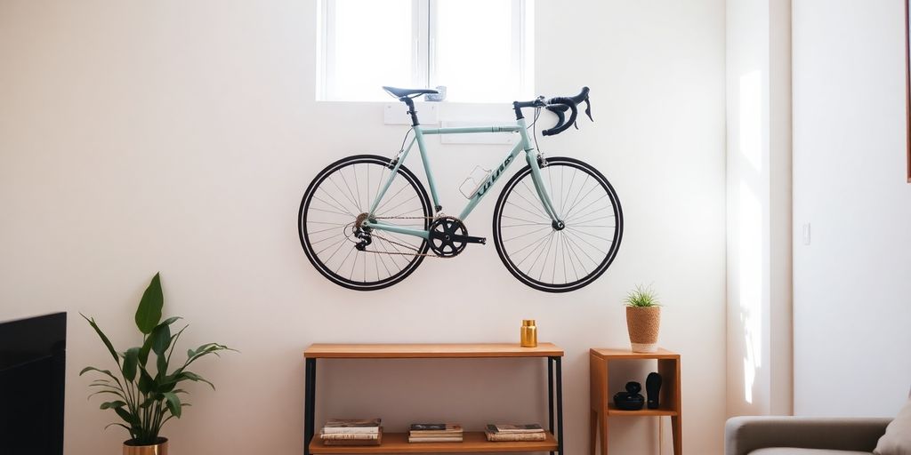Bikes neatly hanging on wall in small apartment.