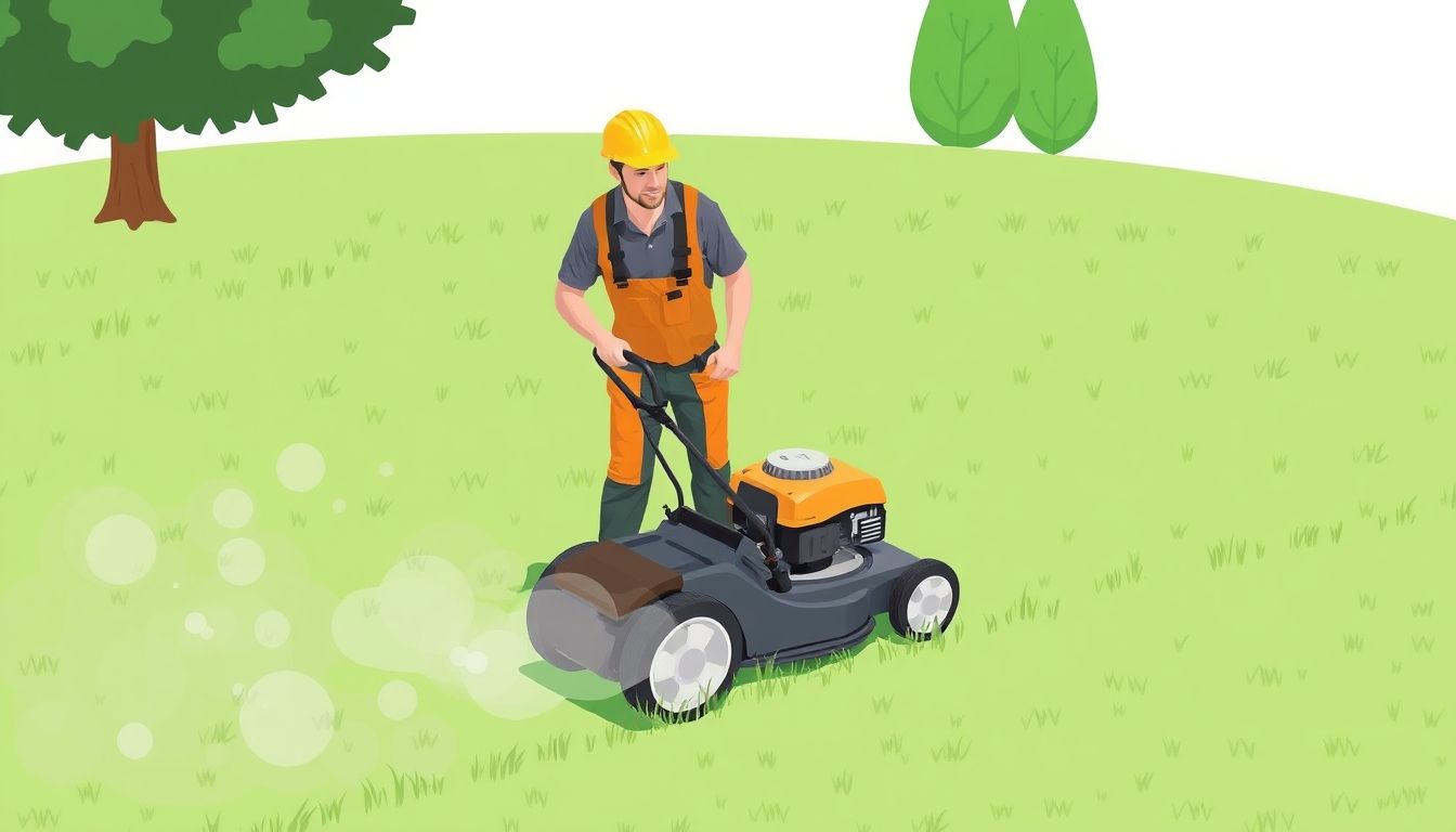 Contractor mowing a green lawn