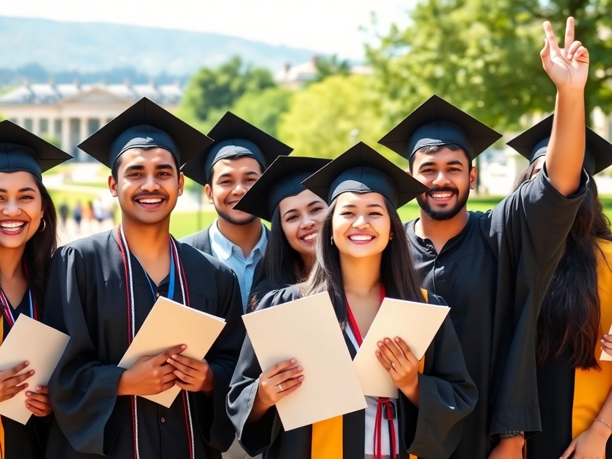 International students celebrating graduation outdoors at university.