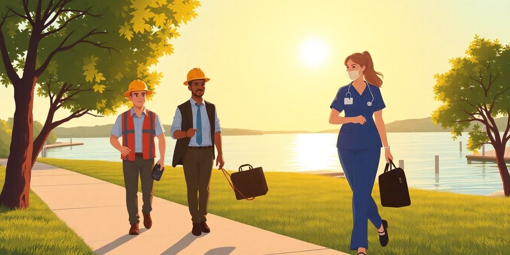 Diverse professionals walking by Kenosha waterfront under soft sunrise glow