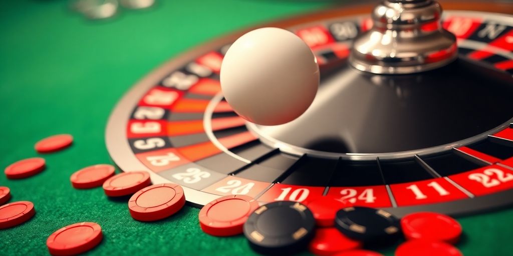 Roulette wheel and chips on a green felt.