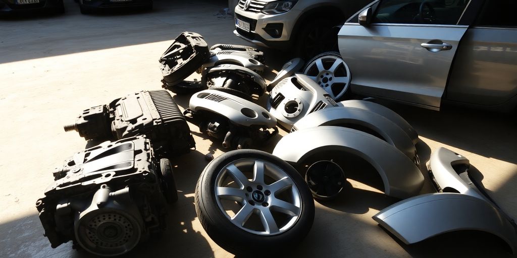 Disassembled Skoda parts in a clean auto wrecking yard.