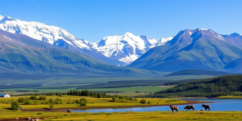 Snow-capped mountains and lush valleys in Denali National Park.