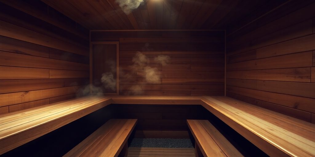 Cozy sauna interior with wooden benches and soft lighting.