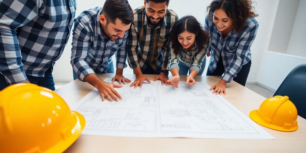 Architects, contractors discussing blueprints, hard hats on large table.