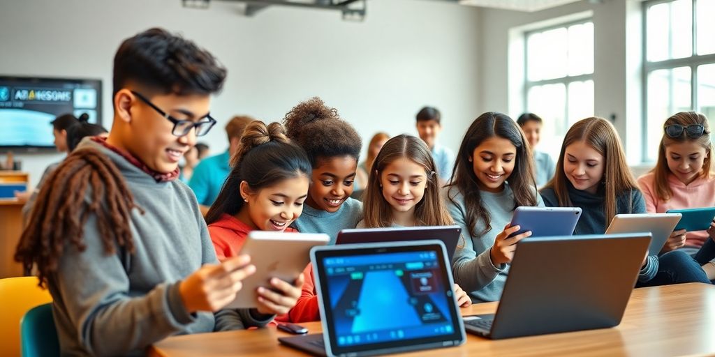 Students collaborating with AI tools in a bright classroom.