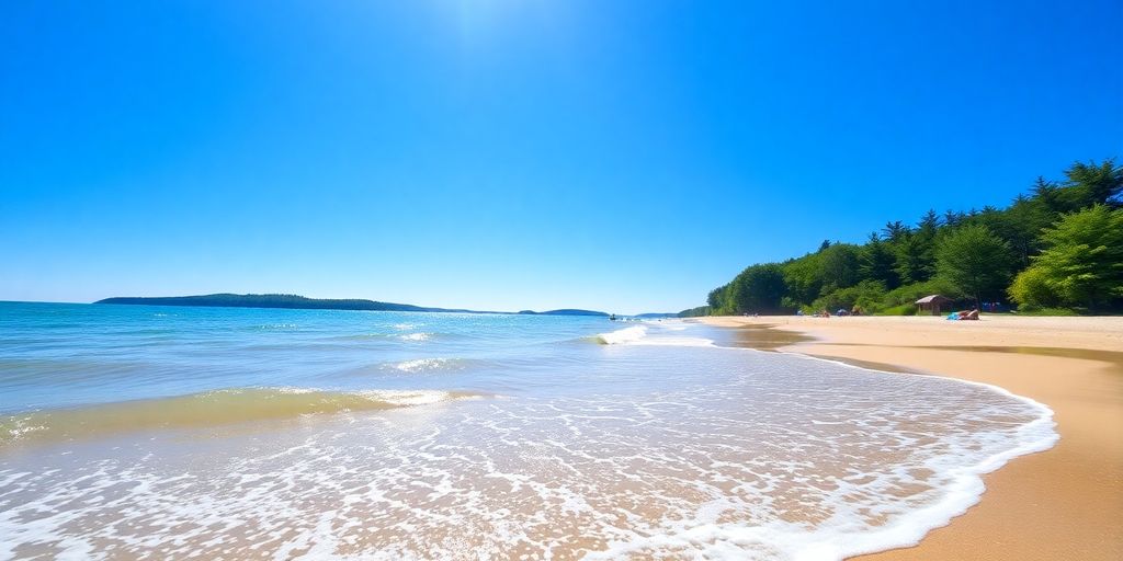 Beaver Bay Beach with sandy shore and blue sky.