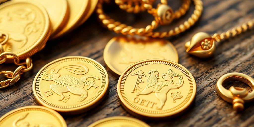 Pièces d'or et bijoux sur une table en bois.
